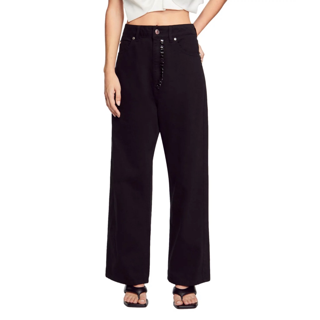 Cristelle High Rise Wide Leg Rhinestone Jeans In Black
